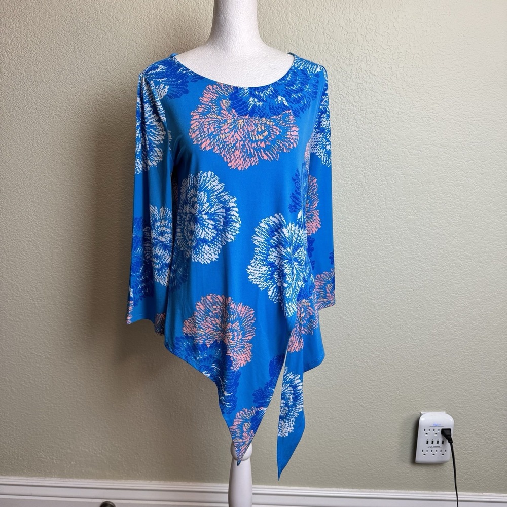 Iman Women's Top Tunic Blue Long Sleeve Size XS‎ Floral Tie Waist Slinky Stretch